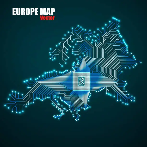 Vector illustration of Abstract Europe map with cpu. Glowing circuit board. Neon technology background