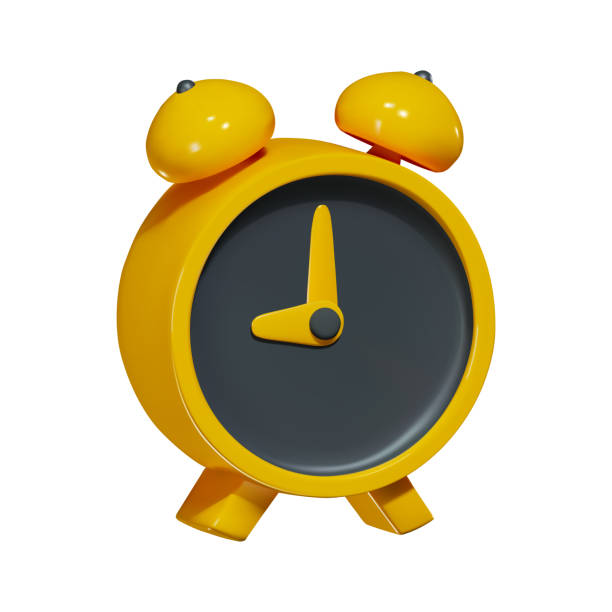 istock Render of a yellow, glossy alarm clock with a black dial and yellow hands. Vector illustration in 3d style isolated on white background 1494219352