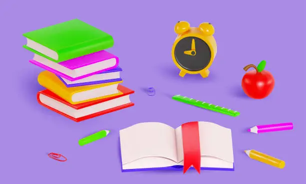 Vector illustration of render of student workplace with textbooks, alarm clock, pencils and apple on isolated background. Vector 3d illustration