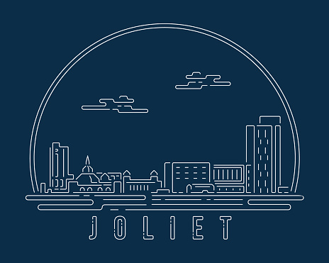 イリノイ州ジョリエット 暗い青の背景に白い抽象的な線の角の曲線を持つ都市景観建物のスカイライン都市のベクターイラストデザイン アイデアの