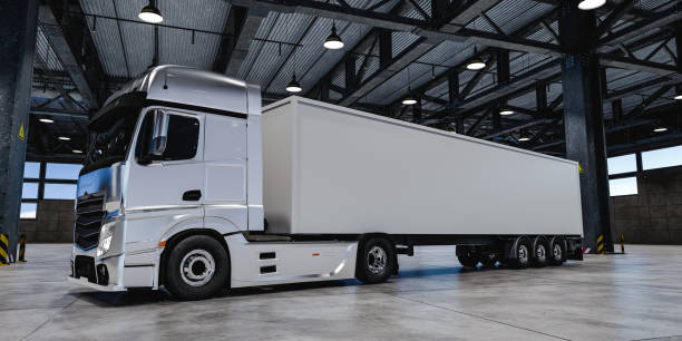 istock Modern truck with white trailer in warehouse 1494219718