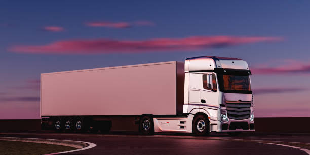 istock 3D contemporary white truck driving on highway at sundown 1494219722