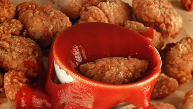Nuggets fall into ketchup. Filmed is slow motion 1000 fps.