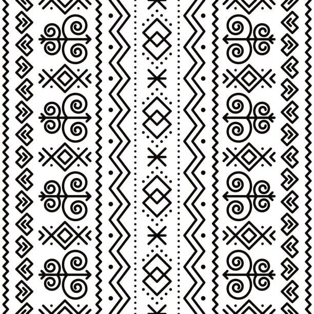 Vector illustration of Slovak tribal folk art vector seamless geometric pattern with geometric motif- vertical design inspired by traditional painted art from village Cicmany in Zilina region, Slovakia in black on white.