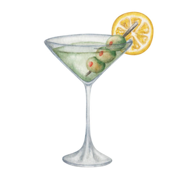 水彩イラスト。グリーンオリーブとレモンのスライスを添えたマティーニグラスに手描きのドライマティーニ。汚れたマティーニ。グリーンカクテル。アルコール飲料飲料。メニュー、バナ� - martini martini glass dirty martini olive点のイラスト素材／クリップアート素材／マンガ素材／アイコン素材
