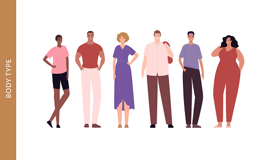 Diversity and inclusion concept. Vector flat character illustration set. Multi ethnic, different skin tone and body type cheerful group of male and female people ic casual clothing. Design element