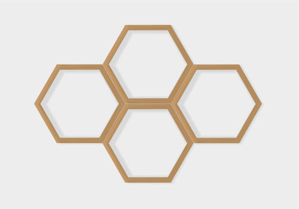 istock Wooden hexagon shelf with 4 cells. Decorative Honeycomb stand. Vector realistic Mockup. Empty Template for interior design. Front view. EPS 10. 1494231645
