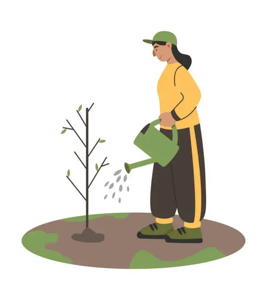 Vector illustration of Lady watering tree with watering can. Tree planting charity, green concept