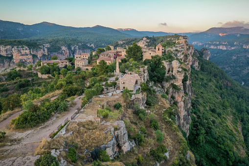 Aerial view of Siurana village in the province of Tarragona at sunset, Catalonia, Spain
