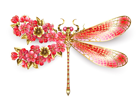 Artistically drawn, gold, jeweled dragonfly with red and wings decorated with red, blooming, jeweled Japanese cherry on white background. Gold Dragonfly.