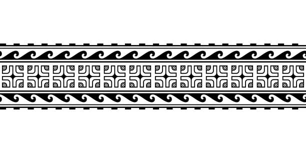 illustrazioni stock, clip art, cartoni animati e icone di tendenza di braccialetto del tatuaggio polinesiano maori con onde e simbolo del sole. vettore del modello tribale senza cuciture della manica. - tatuaggi maori