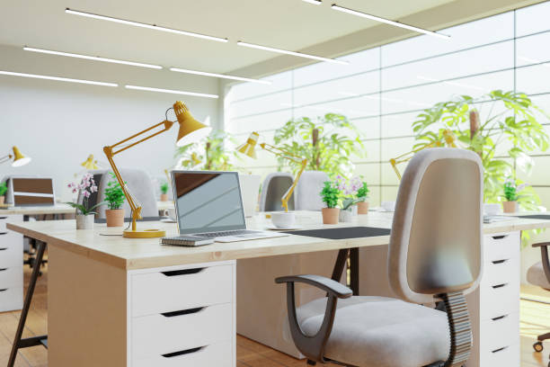 istock Open space office in loft style hangar with windows in floor and city view 3D Render 1494235808