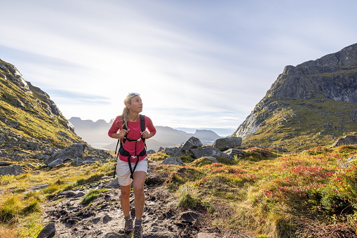 Young woman hiking in a beautiful scenery in Summer enjoying nature and the outdoors.\nLofoten islands, Norway