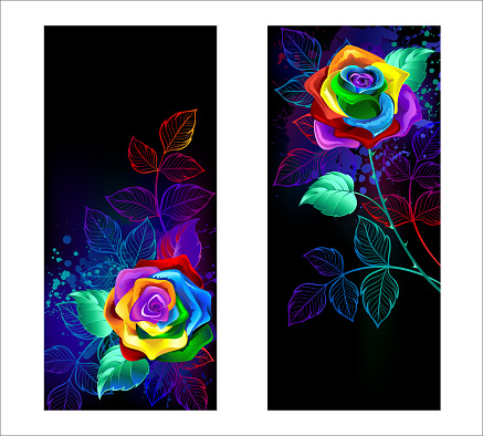 Two banners with rainbow, artistically drawn, luminous roses, decorated neon, bright leaves on black background. Rainbow rose.