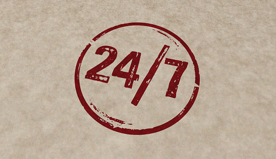 24 by 7 24 hour a day service stamp icons in few color versions. 24h round the clock concept 3D rendering illustration.