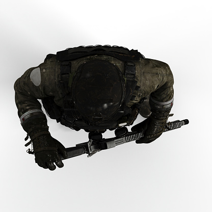 A high-resolution 3D rendering of a military soldier standing with a gun in a battle-ready stance