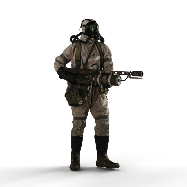 istock a 3d man with a weapon and gas mask standing against a white background 1494238253