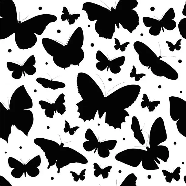Vector illustration of Seamless pattern with different types of silhouettes of tropical butterflies on a white background