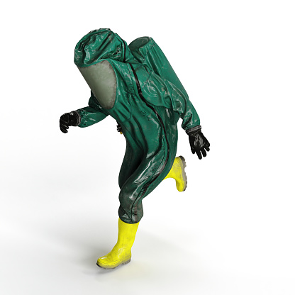 3D rendering of a man wearing a green safety suit and yellow boots in motion, running with a sense of urgency