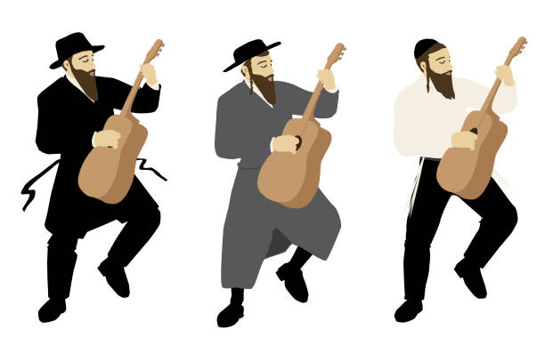 Observant ultra - Orthodox Jewish musicians in a variety of clothing styles. Hassidic, Jerusalemite, classical. Play guitars, dance and sing.
Colorful vector on a white background. Isolated figures A lovely artistic painting of Jewish ultra-Orthodox Hasids dancing with the love of Israel with each other despite the differences. A lovely vector illustration art full of energy and charm. klezmer stock illustrations