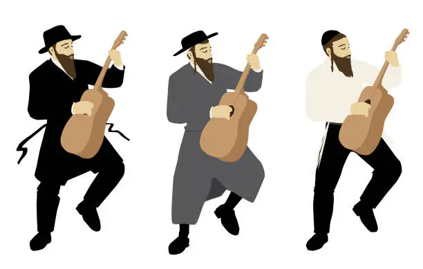 Vector illustration of Observant ultra - Orthodox Jewish musicians in a variety of clothing styles. Hassidic, Jerusalemite, classical. Play guitars, dance and sing.
Colorful vector on a white background. Isolated figures