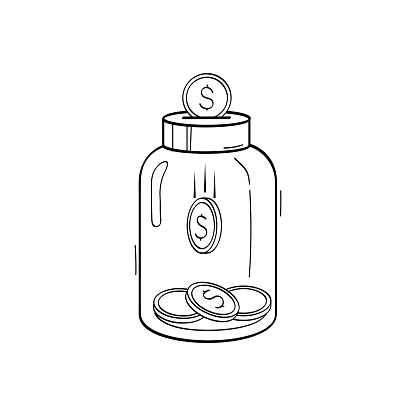 A glass jar with money. Vector sketch line illustration. Piggy bank. Accumulation icon.