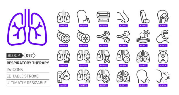 Vector illustration of Respiratory therapy, related, pixel perfect, editable stroke, up scalable, line, vector bloop icon set.