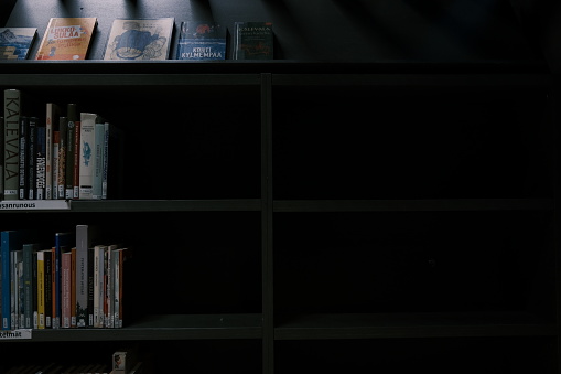 Books on a shelf in shadows, but there are some light