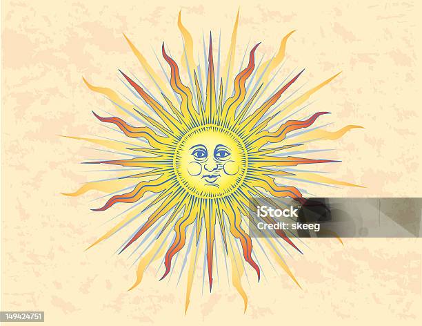 Солнце Гравюра На Дереве — стоковая векторная графика и другие изображения на тему Солнце - Солнце, Цветное изображение, Человекоподобное лицо