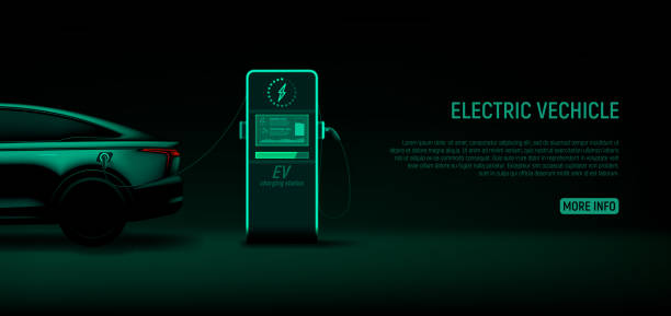 istock Charging station with EV car neon glowing sport car silhouette 1494247689