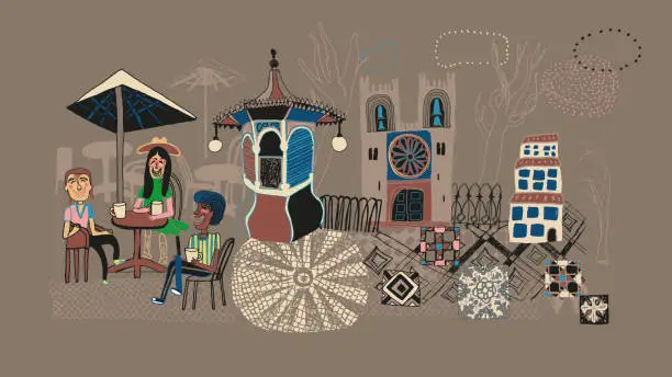 Vector illustration of Happy gathering at the cafe in the city