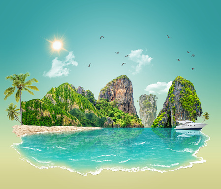 island paradise isolated, travel and tourism ads. 3d illustration.