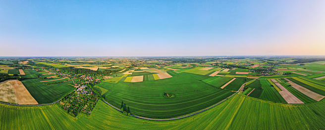 Aerial view of countryside with agricultural fields. Panoramic landscape