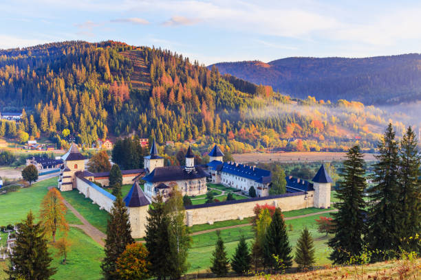 The Sucevita Monastery, Romania. Aerial view of the Sucevita Monastery, Romania. One of Romanian Orthodox monasteries in southern Bucovina. medieval fresco stock pictures, royalty-free photos & images