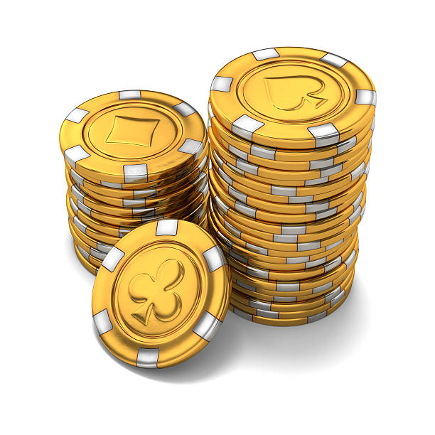 istock Small group of gold casino chips on white 149425854