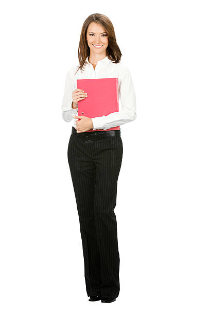 Businesswoman with red folder, isolated stock photo