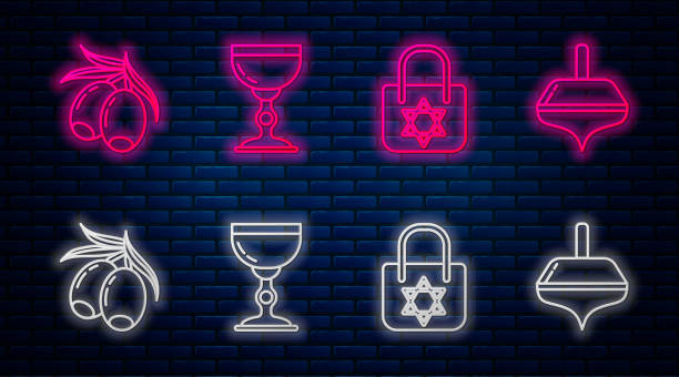 Set line Jewish goblet, Shopping bag with star of david, Olives branch and Hanukkah dreidel. Glowing neon icon on brick wall. Vector Set line Jewish goblet, Shopping bag with star of david, Olives branch and Hanukkah dreidel. Glowing neon icon on brick wall. Vector hanukkah shopping stock illustrations