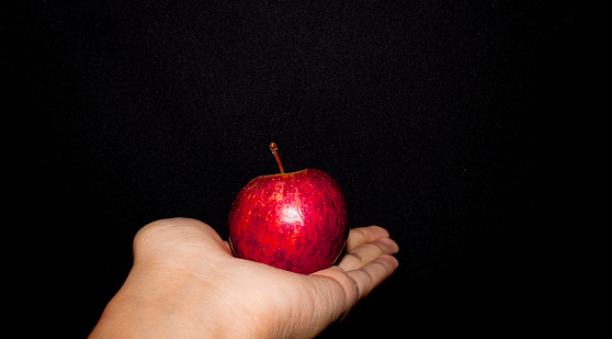 photo of a hand holding an apple made in black background
