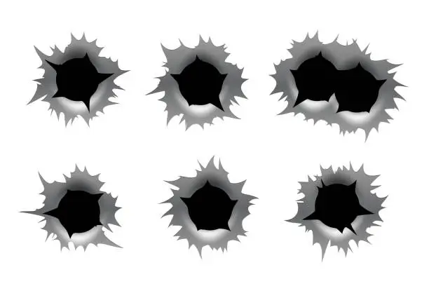 Vector illustration of Bullet holes set isolated on white background. Realistic ragged metal holes row. Damage effect