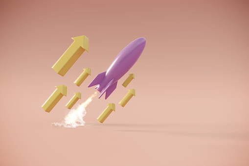Rocket flying up with yellow colored arrows. (3d render)