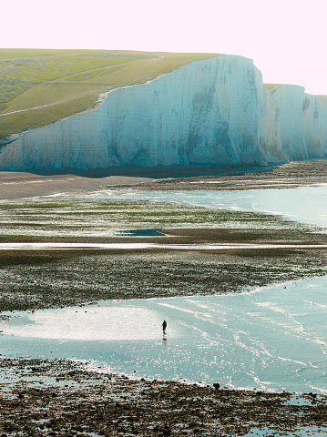 Color image depicting a high angle view of a woman walking her dog on the beach, and paddling in the sea, at Seven Sisters cliffs on the south coast of England.