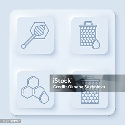 istock Set line Honey dipper stick, Honeycomb, Honeycomb and Honeycomb. White square button. Vector 1494264912