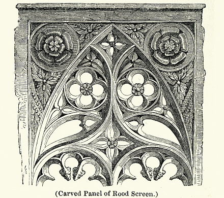 Victorian decorative art, Carved Panel of a Rood Screen, 1840s, Vintage illustration