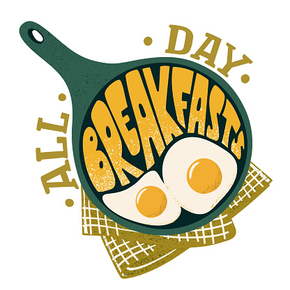 Breakfasts all day. Pan with fried eggs and lettering. Illustration in retro style for breakfast menu, flayers or posters and others.