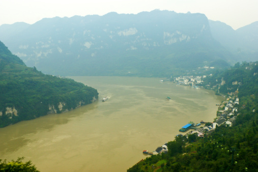 the three gorges dam against a blue sky, Zigui County, Yichang City, Hubei Province, China