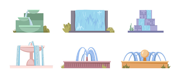Water fountains, natural geyser waterfalls and water splash flat cartoon illustrations vector set. Park architecture decor with splashing drops. Outdoor park decoration with architectural elements