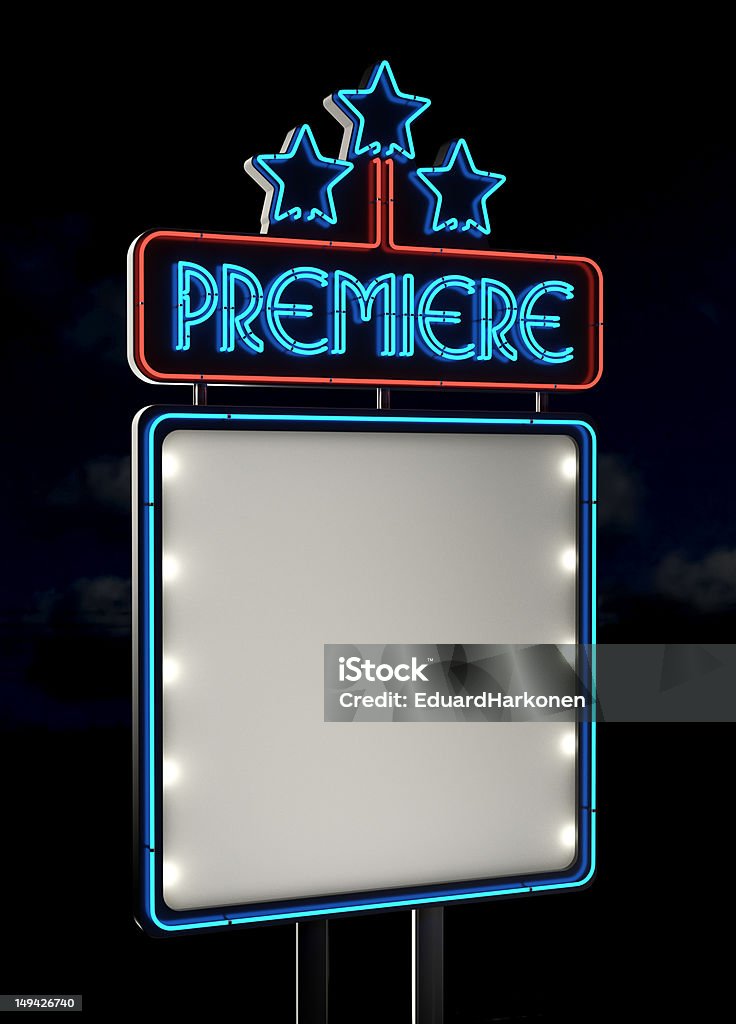 Neon Premiere Sign Neon Premiere sign on dark background. Empty space with clipping path. 3D image Billboard Stock Photo