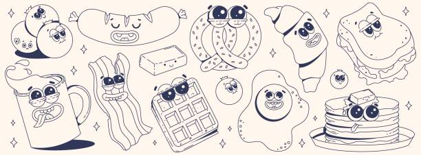 ilustrações, clipart, desenhos animados e ícones de conjunto de adesivos da moda com personagens de comida funky. mascotes de marca para café, restaurante, bar. doces frescos, pretzel, croissant, rabanadas, café, panquecas, waffles, bacon, ovos, salsicha. monocromático - waffle sausage breakfast food