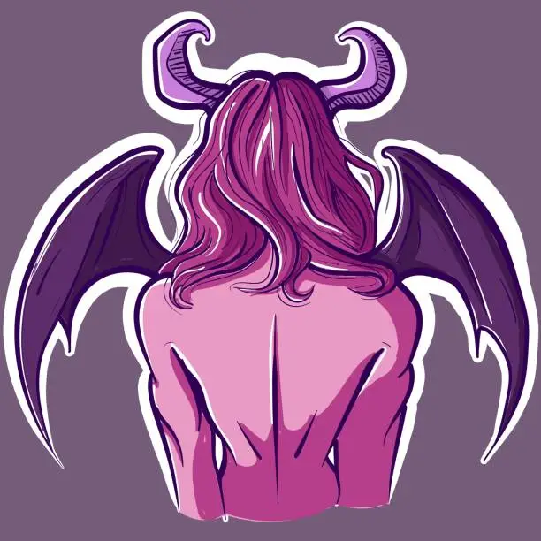 Vector illustration of Digital art of a demon's backside view with wings and horns. Vector of a devil woman back view. Religion and christian conceptual illustration of a bible creature.
