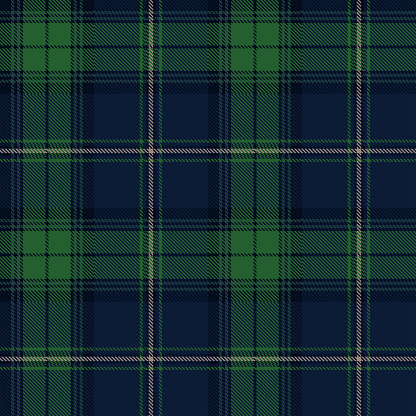 Blue and green Scottish tartan plaid pattern, fabric swatch close-up.